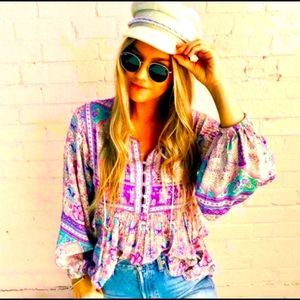 NWT! BOHO GYPSY BUTTON PURPLE TIE BALLOON SLEEVE BLOUSE